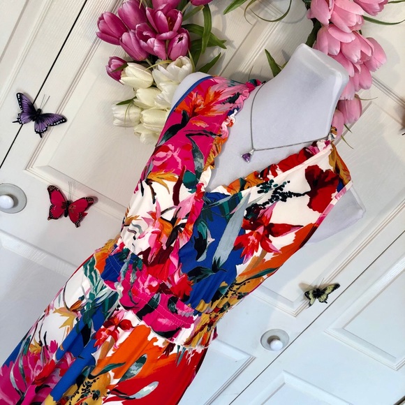 💼 Colorful V Neck Blossom Scarf Hem Sleeveless Dress - Picture 7 of 9